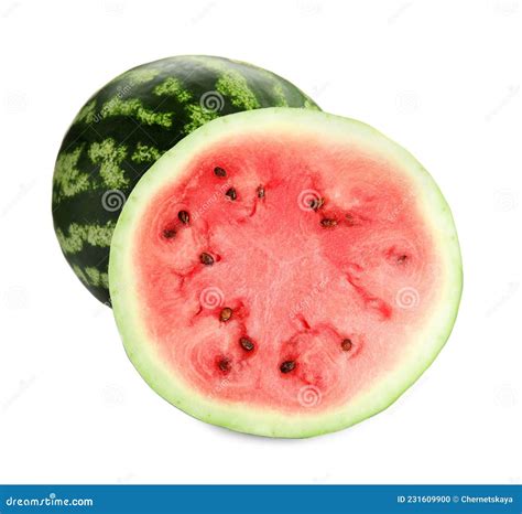 Whole And Cut Delicious Ripe Watermelons On White Background Stock