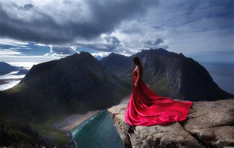 Girl In Red Dress Standing On The Edge Of Mountain Cliff Wallpaperhd