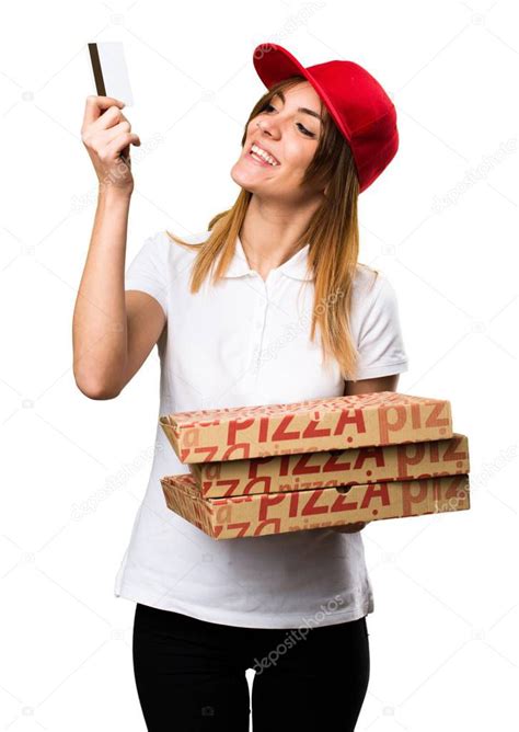 Pizza Delivery Woman Holding A Credit Card Stock Photo Luismolinero