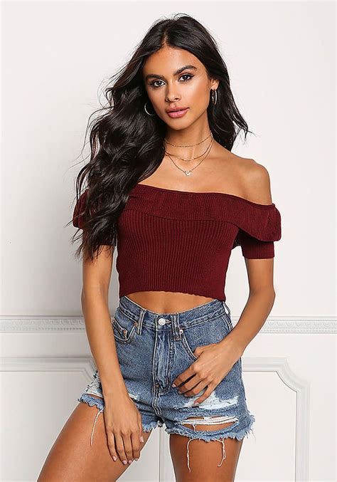 Burgundy Ribbed Knit Off Shoulder Crop Top New Stylish Crop Top Crop Tops Crop Top Outfits