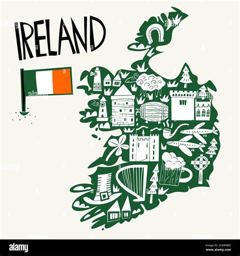Vector Hand Drawn Stylized Map Of Ireland Travel Illustration Of