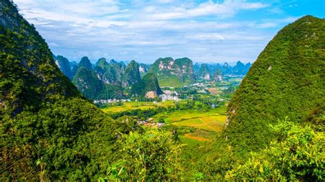 Panoramic View Of Landscape With Karst Peaks Around Yangshuo County And