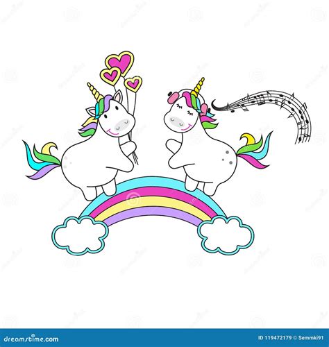 Vector Illustration Of Two Cute Unicorns On A Rainbow Children`s Print