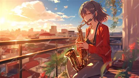Premium Ai Image Anime Girl Playing Saxophone On Balcony With City