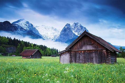 Early Morning In The Bavarian Alps Forest Huts Dawn Clouds Fog