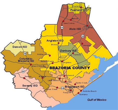 A Map Of The City Of Brazoria County With Several Areas Highlighted In Red
