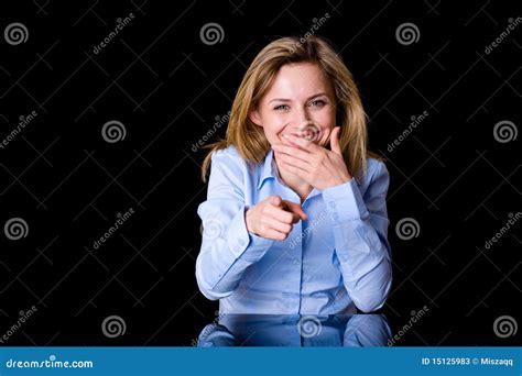 Attractive Blond Female Laugh And Point Forward Stock Image Image Of