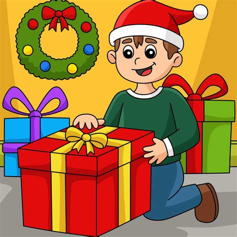 Christmas Boy Opening T Colored Cartoon 10789152 Vector Art At Vecteezy