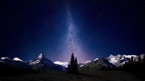 Starry Night Mountain Stars Trees Sky Wallpapers Hd