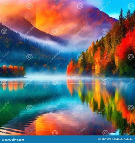 Whispers of the Peaks: Foggy Embrace Around the Morning Lake Stock