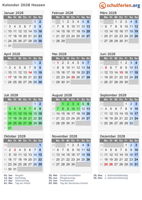 Kalender 2028 Ferien Hessen Feiertage