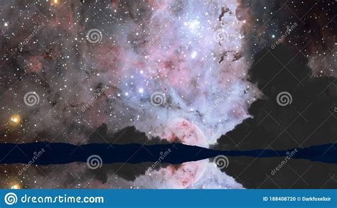 Nebula Reflection Mirror On Dark Night Sky Over Water Surface Stock