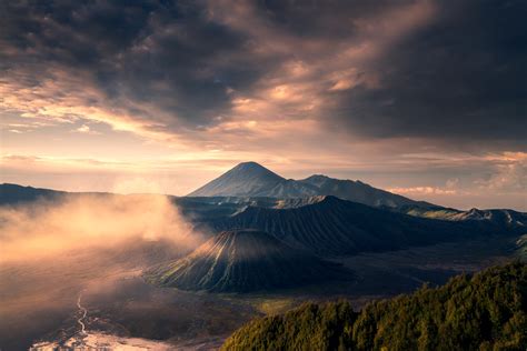 Nature Landscape Indonesia Volcano Mountains Hills Mist Sunrise Sky