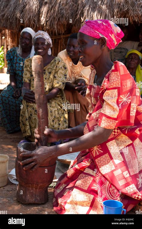 A Woman Pounding Millet Using A Traditional Wooden Pestle And Mortar At Her Home Compound