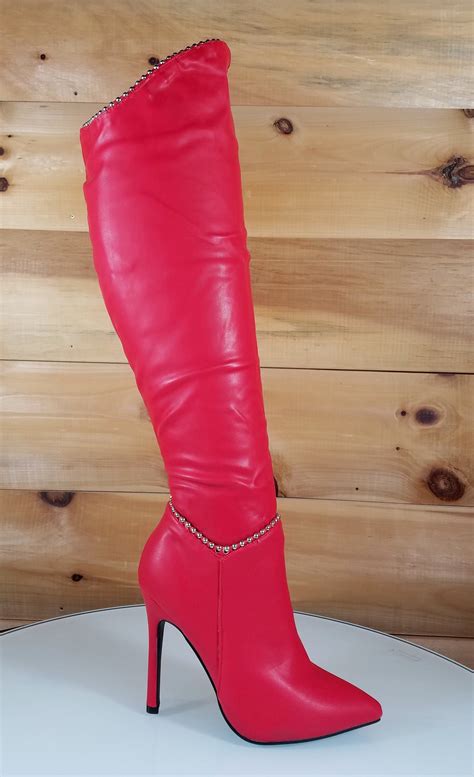 athena red leatherette pointy toe knee boots high heels high heel boots ankle thigh high boots