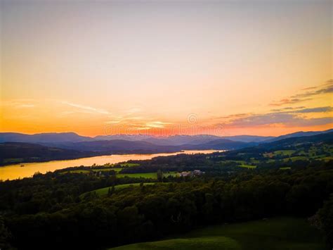 Aerial View Of Sunset Over Windermere In Lake District A Region And National Park In Cumbria In