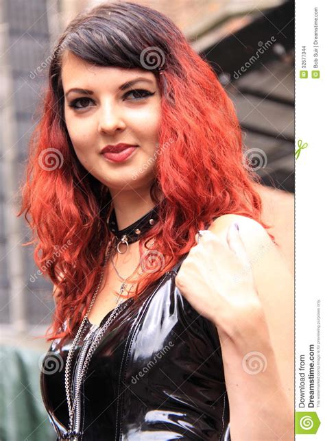 Portrait Gothic Woman Red Hair Wearing Vinyl Dress Street Fashion