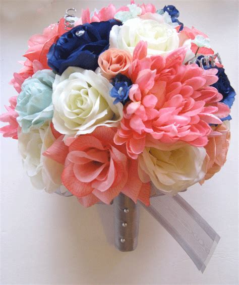 17 Pc Wedding Bouquet Bridal Silk Flowers Coral Mint Navy