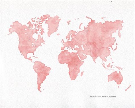 Pink Watercolor World Map Wall Art Print Printable Map Art Etsy