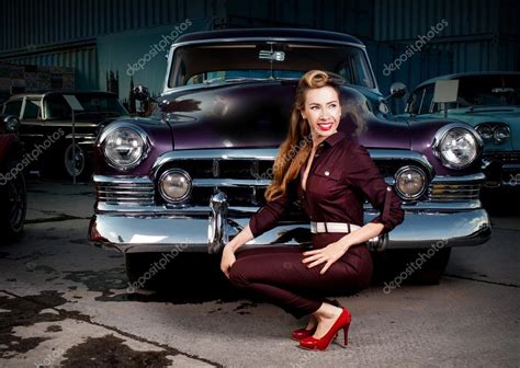 Girl In Pin Up On A Background Of Retro Cars Parking Stock Photo By