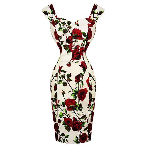 Hearts And Roses London Red Rose Floral Vintage S Retro Pencil Wiggle Dress Dresses Black