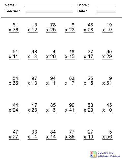 Multiplication Worksheet Grade 4