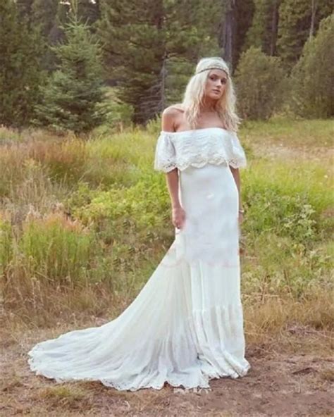 Bohemian Wedding Dress Lace Off Shoulder Sexy White Ivory Chiffon