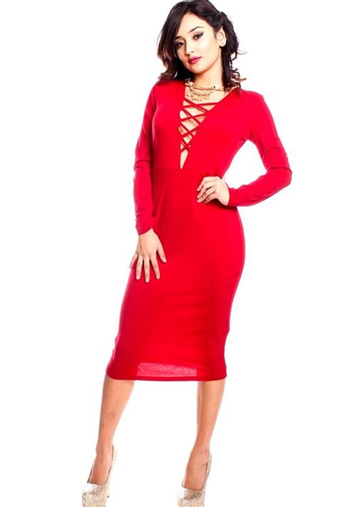 Lolli Couture Straps Long Sleeve Plunge Neckline Tight Fit Dress
