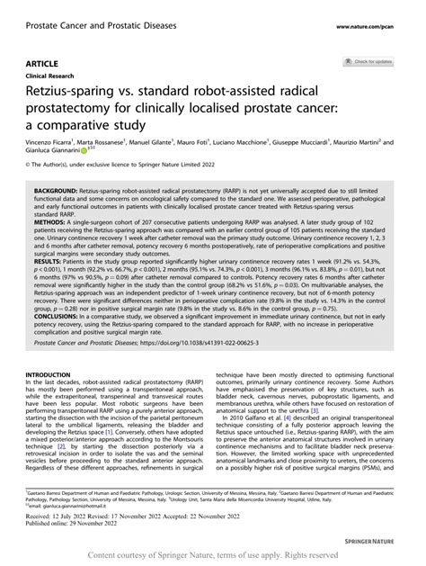 Retzius Sparing Vs Standard Robot Assisted Radical Prostatectomy For
