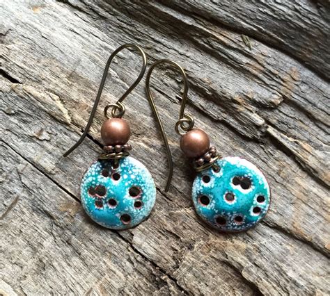 Rustic Copper Enamel Earrings In Mottled Blue Etsy