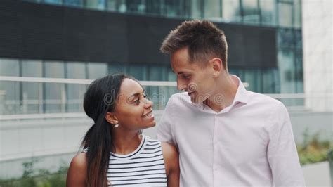 Close Up Of Cheerful Multiracial Couple In Love Kissing Each Other On Date Stock Image Image
