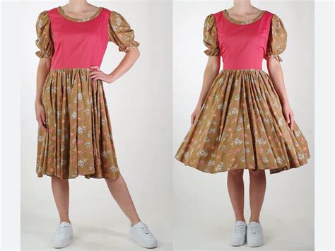 Vintage Square Dancing Dress With Pink Bodice Brown Floral Etsy