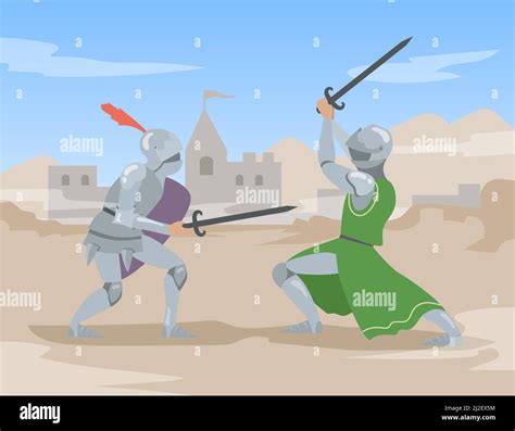 Knights Duel With Swords At Ancient City Brave Medieval Solders Men