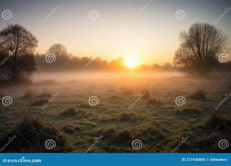 Dawn With Mist Rolling Across The Meadows And The Sun Peeking Over The
