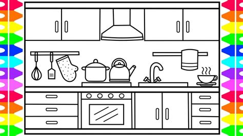 How To Draw A Kitchen For Kids 🍏🍉🍰🍭kitchen Drawing Kitchen Coloring