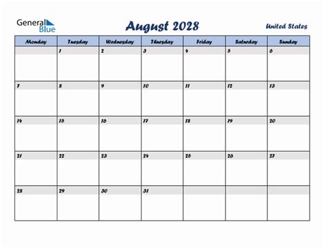 August 2028 United States Monthly Calendar With Holidays