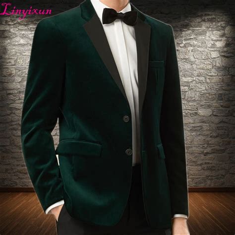 Linyixun 2018 New Mens Velvet Blazers Custom Made Slim Fit Dark Green