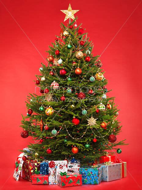 Photo Of Decorated Christmas Tree On Red With Presents Under It Stock