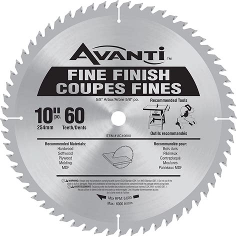 Avanti 10 Inch X 60 Tooth Carbide Tipped Fine Finish Mitretable Saw