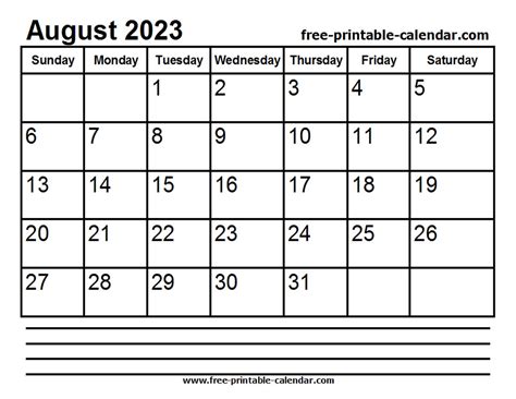 2023 August Calendar Printable Free Printable
