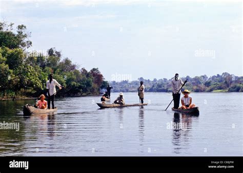 Zambia Zambian Men In Dug Out Canoes Each With A Tourist Passenger