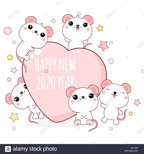 Cute Holiday Card In Kawaii Style Five Little Lovely Rats With Heart