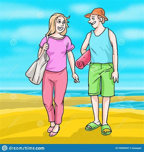 Feliz Pareja Caminando En La Playa Stock de ilustración Ilustración de muchacha cometa