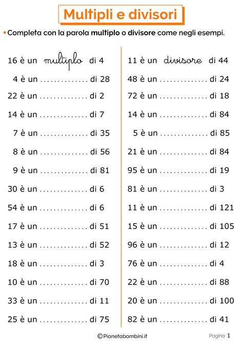 Esercizi Su Multipli E Divisori Per La Scuola Primaria Pianetabambini