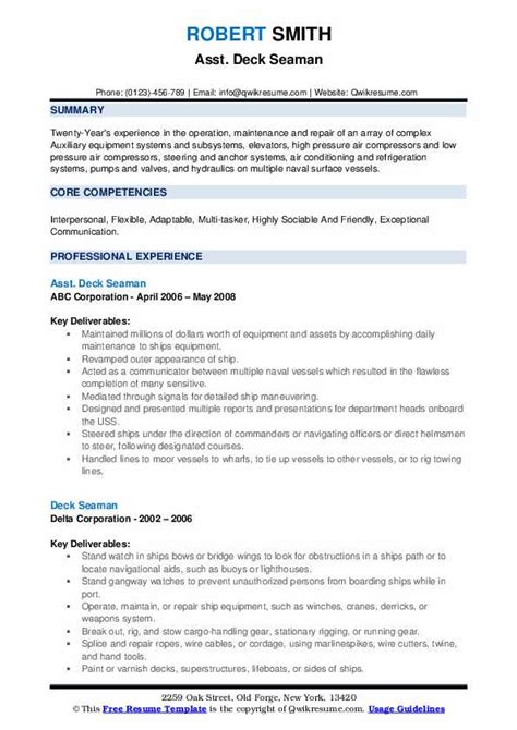 Check out real resumes from actual people. Deck Seaman Resume Samples | QwikResume