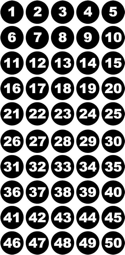 Round Number Stickers 1 50 Vinyl 30 Mm White Numbers On Black Amazon