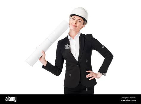 Smiling Female Architect In Suit Holding Blueprint Isolated On White