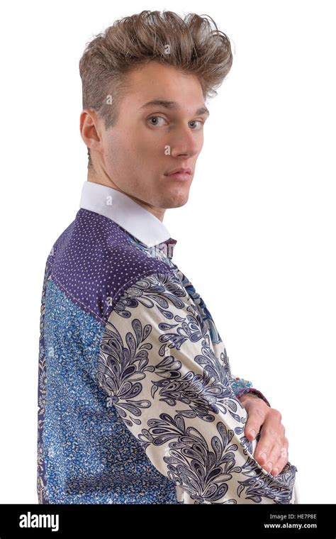Stylish Man Dressed In A Blue And White Formal Floral Shirt Looking