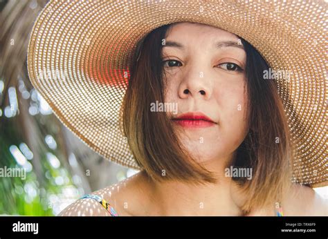 Close Up Face Portrait Woman Asian Women Wearing Hats Stock Photo Alamy