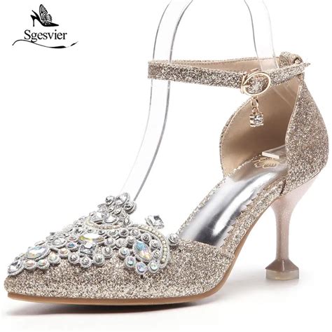 sgesvier bling sequins cloth high heel ankle strap glitter sandals summer women sexy pointed toe